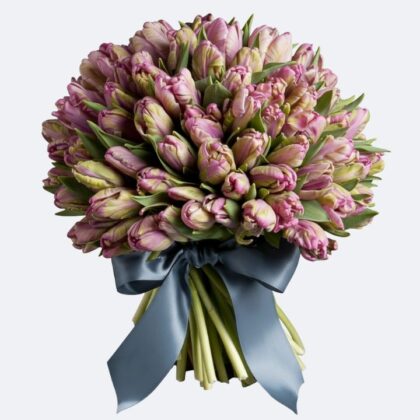 Luxury Parrot Tulips Bouquet in deep pink, tied with a satin ribbon, perfect for premium gifting.