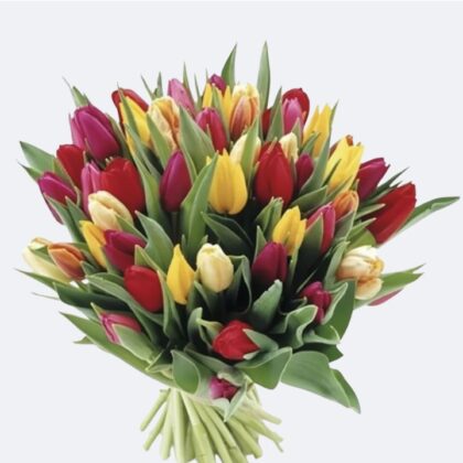 A vibrant Rainbow Tulips Bouquet professionally arranged in a hand-tied style.