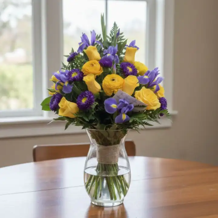 Royal Sunbeam: Hand-Tied Rose & Aster 1 A vibrant rose and aster bouquet hand-tied with premium yellow roses and delicate purple petals in a sunbeam style.