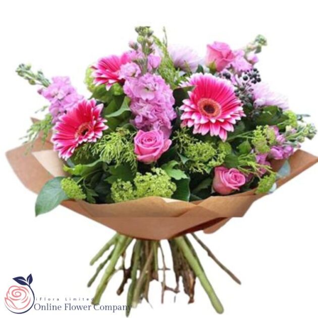 Gerbera Daisy, Roses, Hydrangea Mixed Flower Bouquet 1 Pink Gerbera Hand-Tied Bouquet