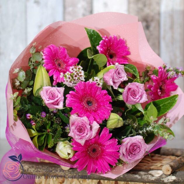 Gerbera Daisy, Roses, Hydrangea Mixed Flower Bouquet 3 Pink Gerbera Hand-Tied Bouquet