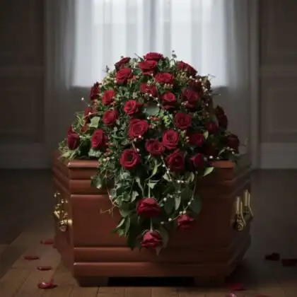 A lush double ended coffin spray featuring deep crimson roses and seasonal greenery for a funeral tribute.