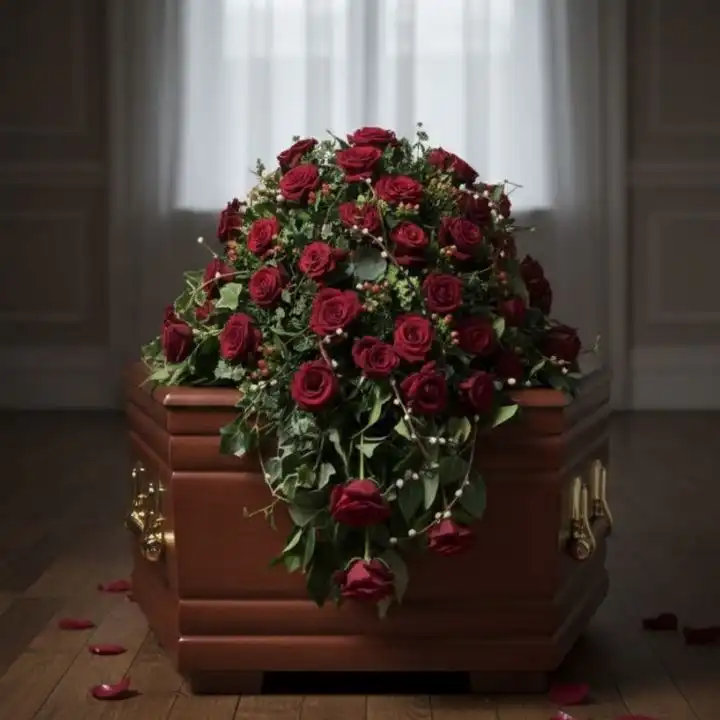 Crimson Radiance: Premium Double Ended Coffin Spray 1 A lush double ended coffin spray featuring deep crimson roses and seasonal greenery for a funeral tribute.