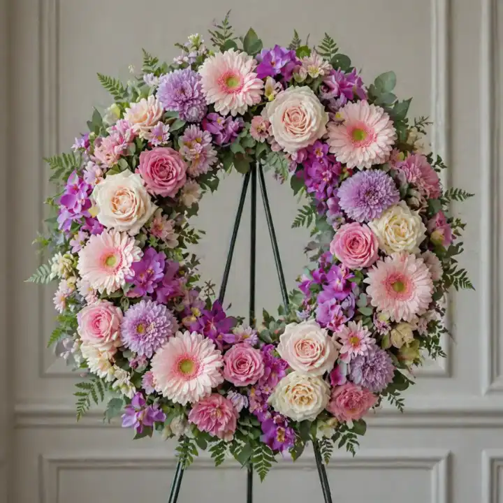 Pastel Pink & Purple Orchid Wreath on Stand 1 wreath on stand