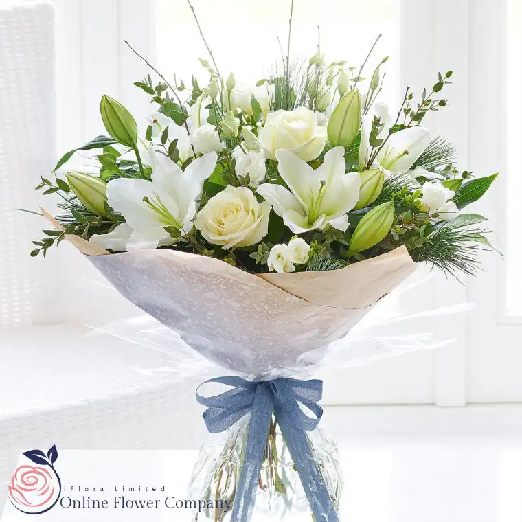 Pure Elegance White Rose & Lily Bouquet 2 Pure Elegance White Rose & Lily Bouquet - Image 2