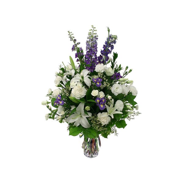 White Roses, Lilies, Carnations, Purple Flower Mixed Bouquet 1 White and Purple Flower Bouquet – Elegant and Vibrant Floral Arrangement