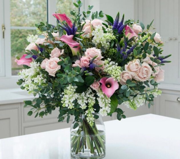 Roses, Lilies, Veronica Flower Bouquet 1 Luxury Fresh Pastel flower bouquet Delivery ( pale pink roses,calla lily, delphinium bouquet )