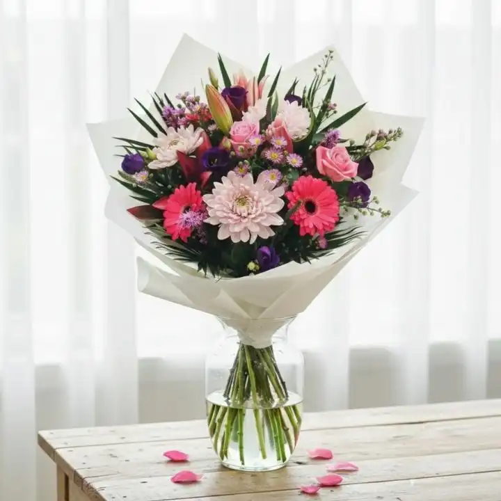 Radiance Magenta & Peach Bouquet 1 Close-up of a lush magenta flower bouquet blended with soft peach roses and greenery in a stylish arrangement.