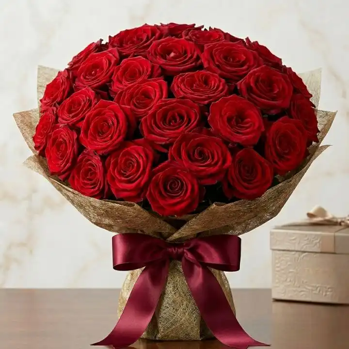 Crimson Rose Bliss Bouquet 1 Hand-tied red rose bouquet featuring lush crimson petals and green foliage for a classic wedding ceremony.