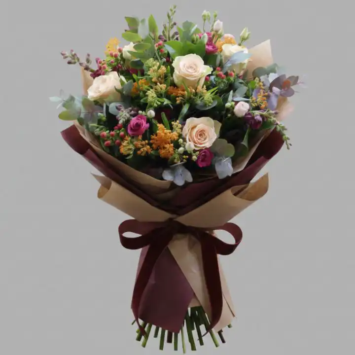 Sunset Snapdragon Rose Burst 1 Hand-tied snapdragon and rose bouquet featuring peach roses and magenta spray roses in rustic kraft paper wrap.