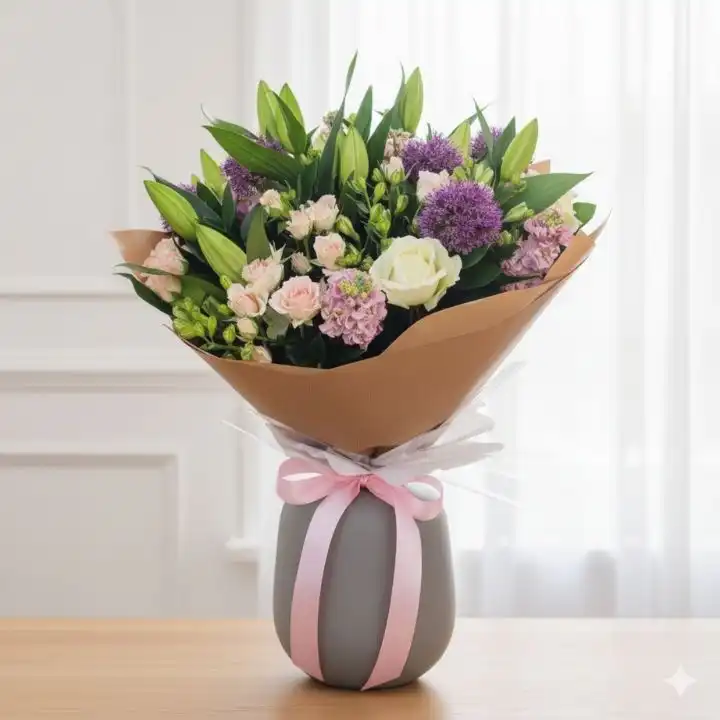 Lilies & Roses Luxury Bliss Bouquet 1 A hand-tied bridal bouquet lilies and roses with lush greenery for a classic wedding ceremony.