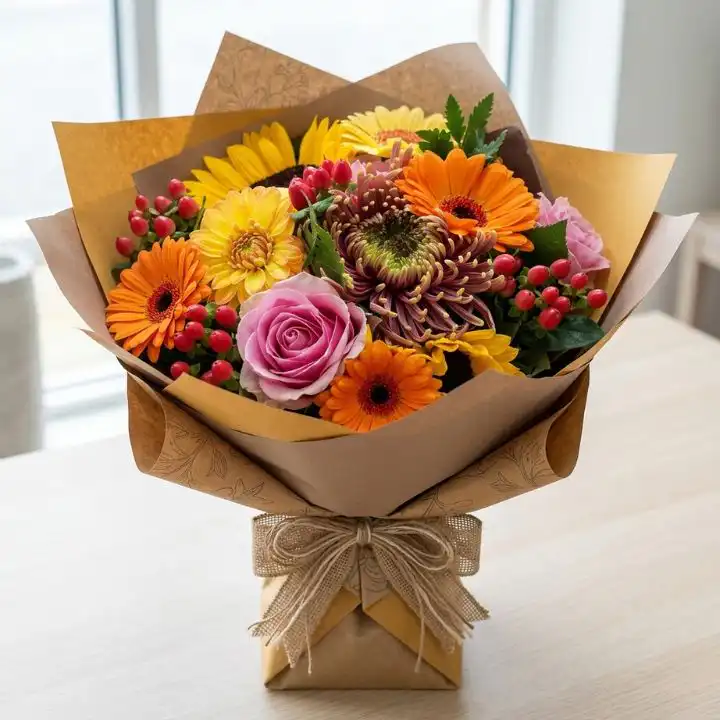 Radiant Harvest Luxury Bouquet 1 A vibrant rose and gerbera daisy bouquet arranged with lush greenery in a luxury floral display.