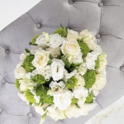White Rose and Green Dianthus Bouquet - Elegant floral arrangement with white roses and green dianthus for all occasions