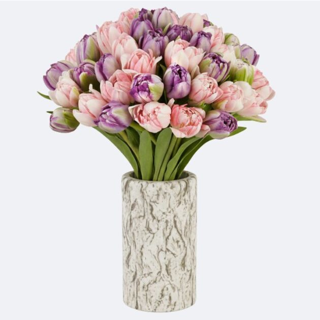 Pink and Purple Tulip Bouquet in Daphne Vase 1 A vibrant Pink and Purple Tulip Bouquet in Daphne Vase featuring organic fresh flowers in a hand-tied style.