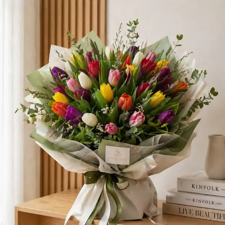Vibrant Mixed Tulips Hand-Tied Bouquet 1 Mixed Tulips Bouquet