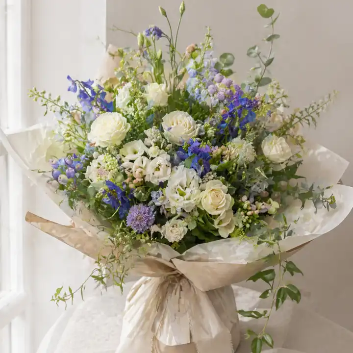 Royal Blue & White Rose Delight 1 delphinium and rose bouquet_