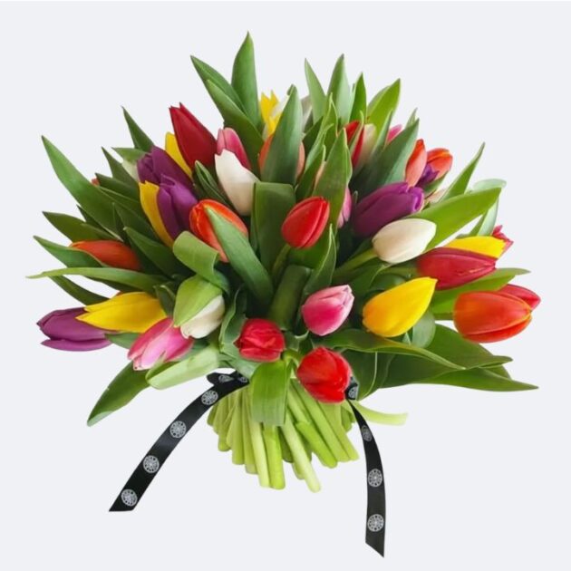 A vibrant mixed tulips bouquet featuring red, yellow, pink, and purple flowers hand-tied with a black patterned ribbon.