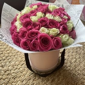 Pink and White Roses Flower Bouquet Hat Box