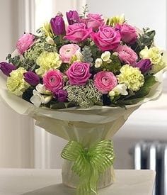Pink Rose and Purple Tulip Bouquet featuring soft pink roses and elegant purple tulips for a beautiful floral arrangement.