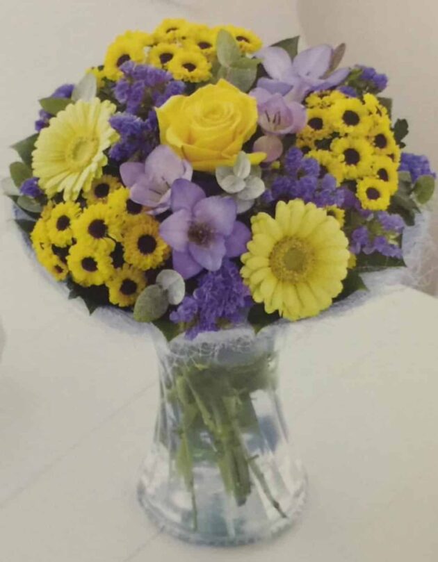 Yellow and Purple Flower Bouquet 1 Blue Nigella Florist Vase đ¸ | Beautiful Glass Flower Vase with Flowers đ | Online Flower Company