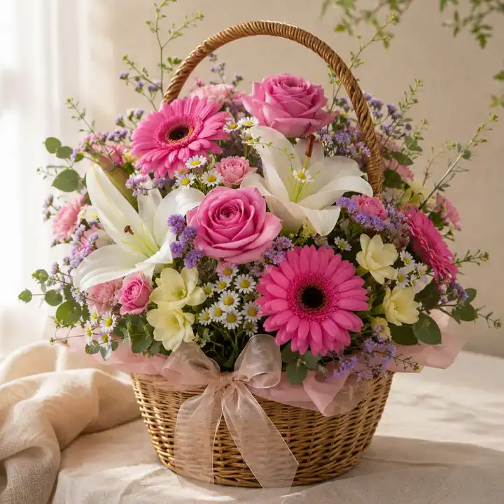 Gerbera Lilies Roses Basket Arrangement 1 Gerbera Lilies Roses Basket