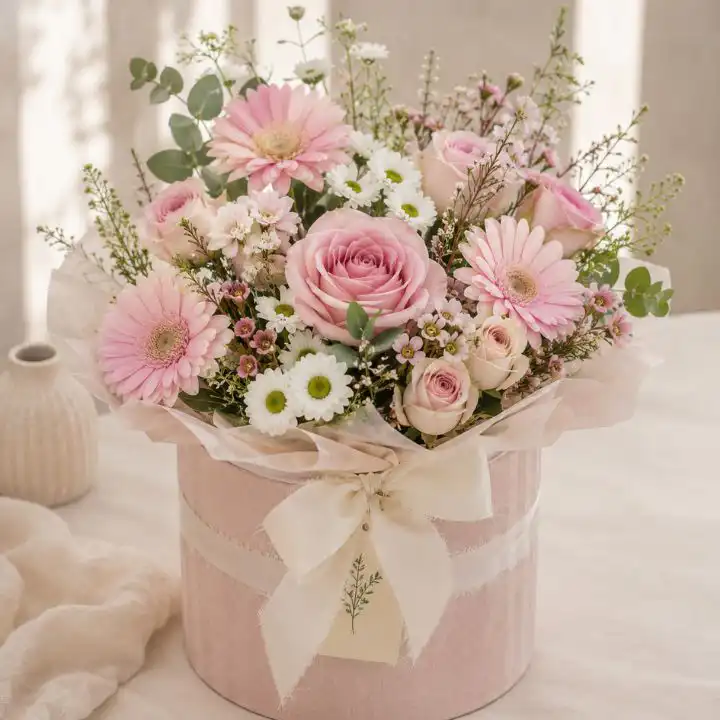 Gerbera and Rose Flowers in Hat Box 1 Gerbera and Rose Hat Box