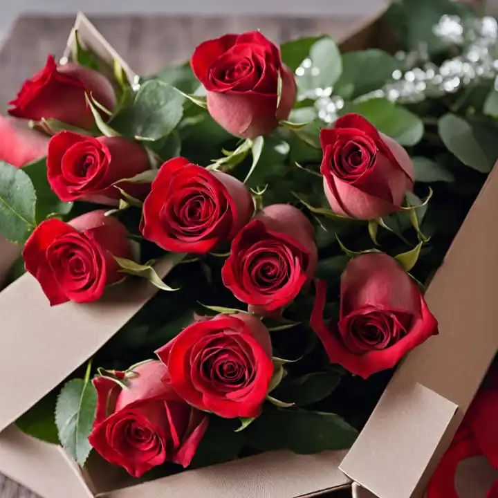 Regency Red Elegance 1 A handcrafted 10 red roses bouquet arranged with fresh greenery inside a luxury cardboard gift box.