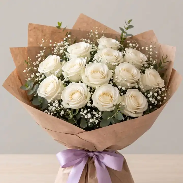 Classic White Rose Bouquet 1 A hand-tied 12 white roses bouquet wrapped in premium paper for a clean and minimalist look.