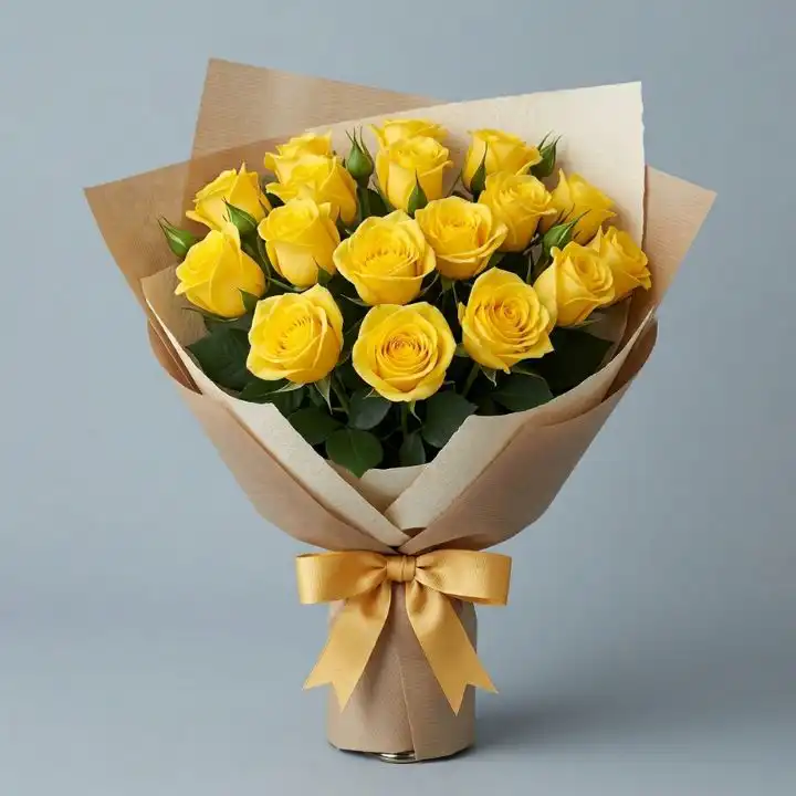 Radiant 12 Yellow Rose Bouquet 1 A hand-tied 12 yellow rose bouquet featuring fresh sunny blooms and elegant green foliage.