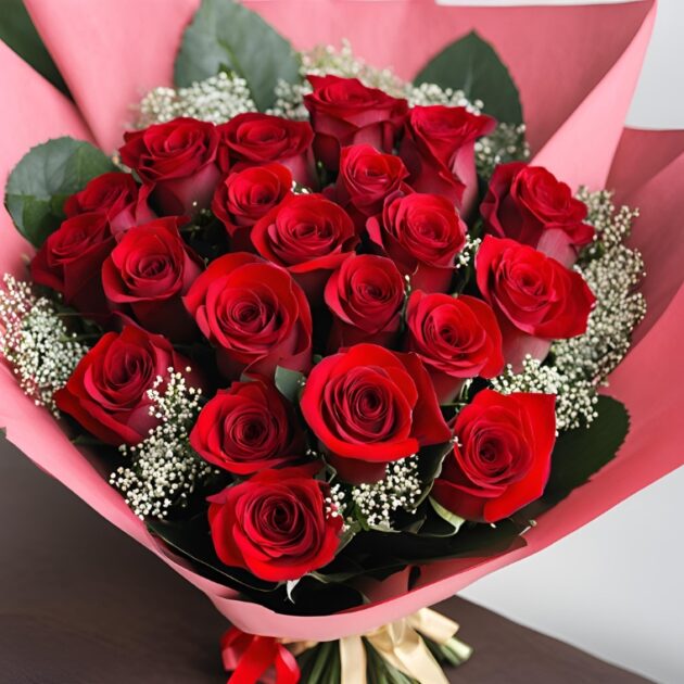18 Red Roses Hand-Tied Bouquet Delivery 2 20 Red Roses Valentine's Day Gift - Elegant Rose Bouquet for Lovers