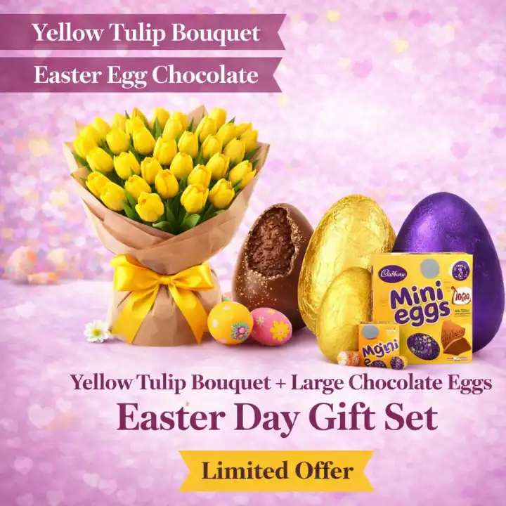 Yellow Tulips Bouquet With Easter Egg Chocolates gift set 1 Easter flower and Eggs Chocolate Popup