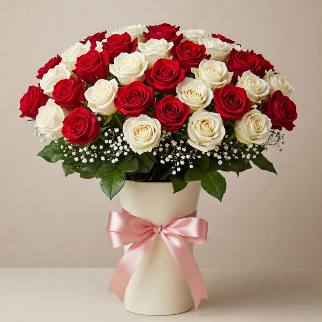 Classic Red and White Rose Bouquet 1 "White And Red Rose Women Day Flower Delivery – Next Day Delivery UK"