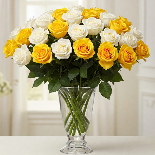"White and Yellow Rose Flower Bouquet for Women's Day - Beautiful Roses for a Special Occasion"