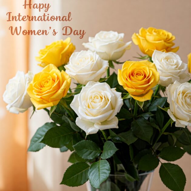 "White and yellow flowers bouquet for International Women's Day, symbolizing appreciation and admiration."
