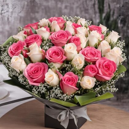 Stunning Bridal Bouquet Pink and White Roses arrangement in a black gift box, ideal for a luxury wedding or engagement presentation.