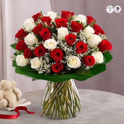 Women’s Day Red & White Roses Flower - 10% Off & Fast Delivery