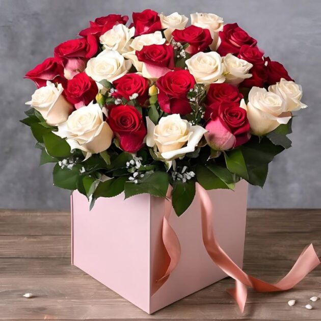 Red and white rose box 2 Women’s Day Flower Gift BoxWomen’s Day Flower Gift Box