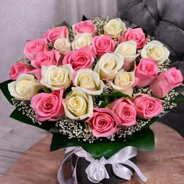 Luxury Pink and White Roses Bouquet in Gift Box - Image 2