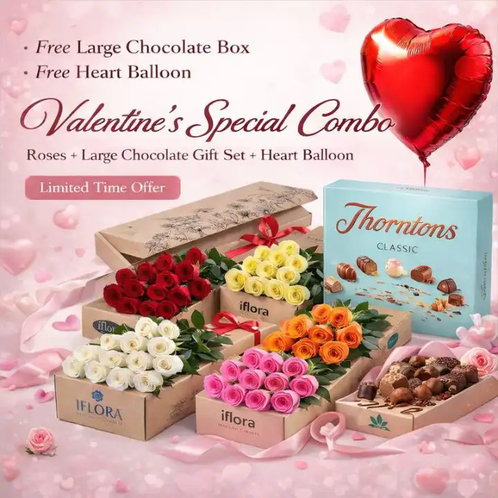 Special Valentine’s Combo – 12 Roses + Free Large Chocolate Box & Free Heart Balloon 1 Valentine Combo Gift – 12 Roses With Free Chocolate & Balloons