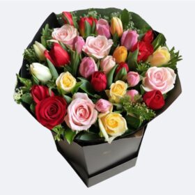 Multicolor Roses, Tulips Flower Bouquet
