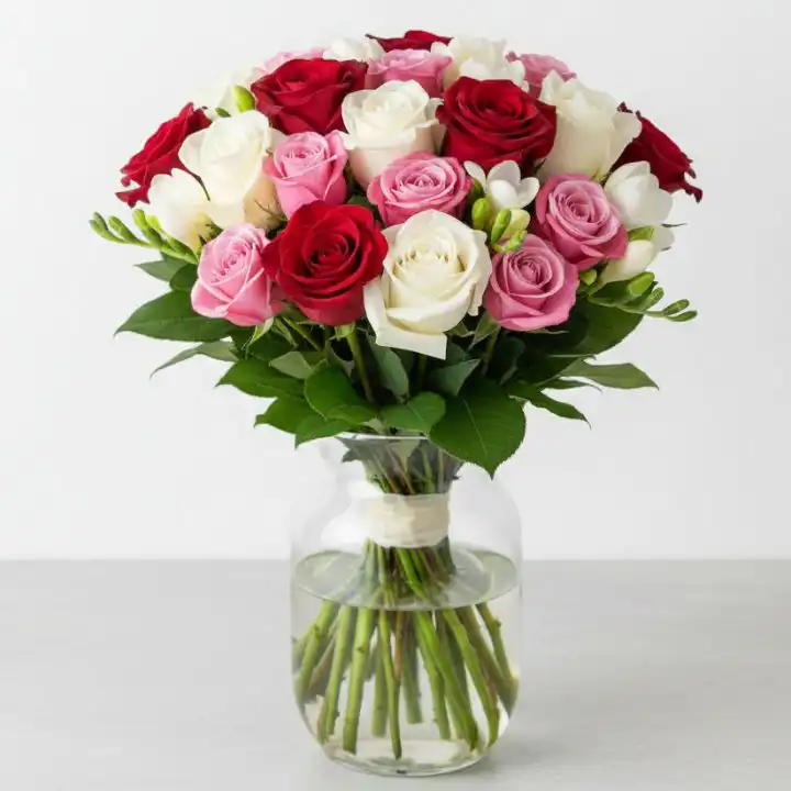 Premium Bouquet of Red and White Roses 1 A vibrant bouquet red and white roses mixed with pink spray roses and lush green leaves.