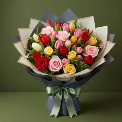 A vibrant handcrafted bouquet of tulips and roses wrapped in premium charcoal paper with a satin green bow.