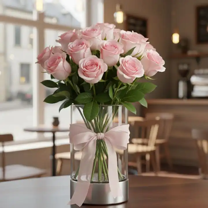 Fresh Light Pink Rose Bouquet 1 A handcrafted light pink rose bouquet with fresh green leaves and white baby's breath flowers in a premium wrap.