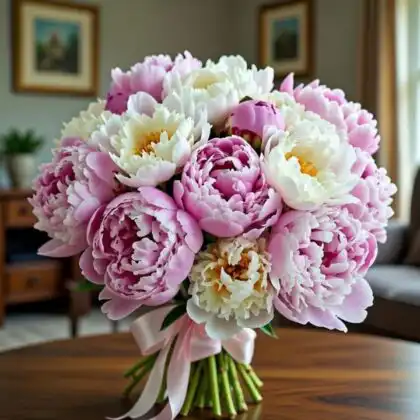 A vibrant luxury peony bouquet featuring soft pink and creamy white blossoms arranged in a glass vase.