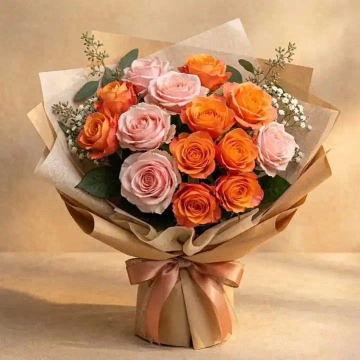 Vibrant Pink and Orange Flower Bouquet 1 A fresh Pink and Orange Flower Bouquet arranged with greenery in a stylish wrap for a vibrant gift.