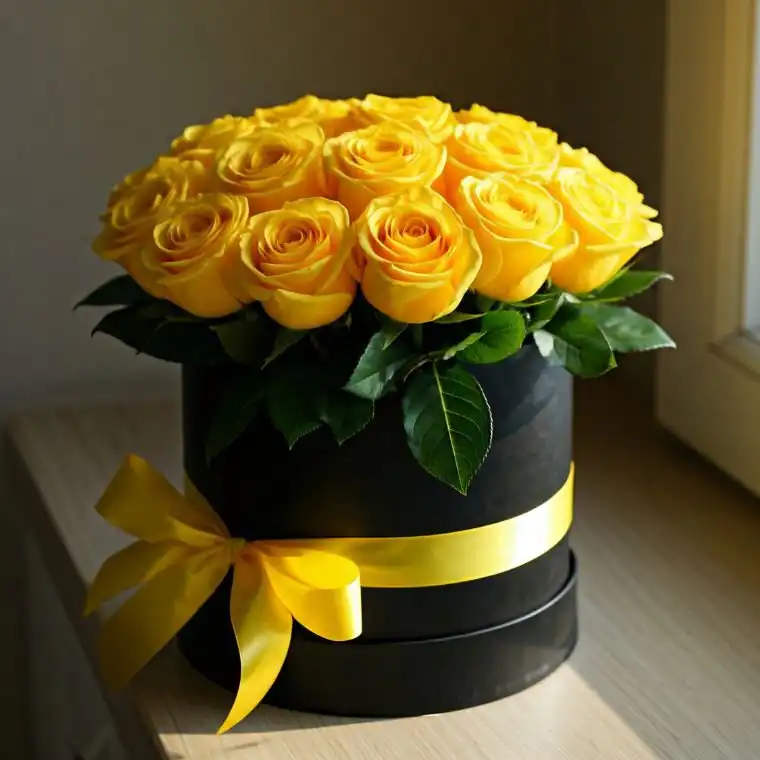Premium Yellow Rose Black Hatbox 1 A luxury yellow rose box featuring fresh blooms arranged in a matte black hatbox with a silk ribbon.