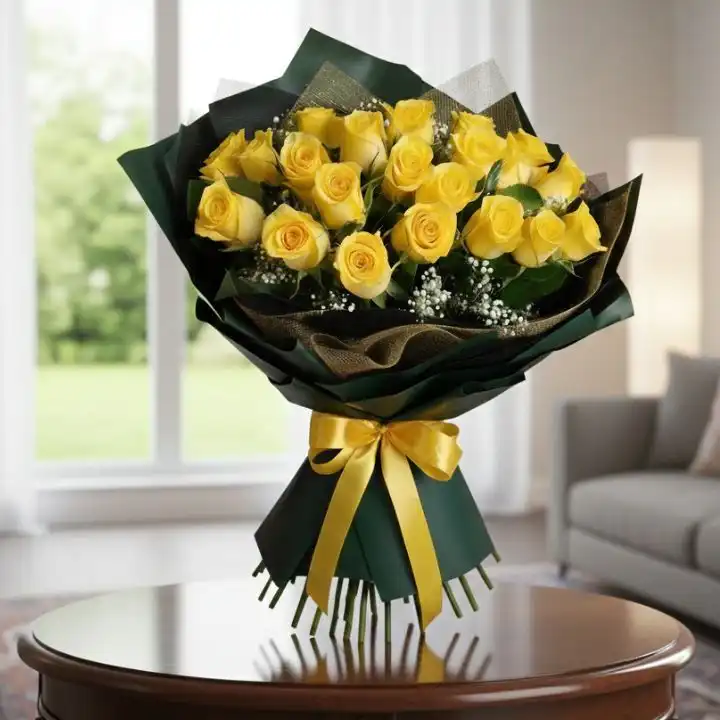 Sun-Kissed Elegance: 12 Premium Yellow Roses 1 Hand-tied 1 dozen yellow roses bouquet wrapped in premium dark green paper with a golden satin ribbon.
