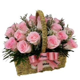 20 Pink Rose Flower in Basket