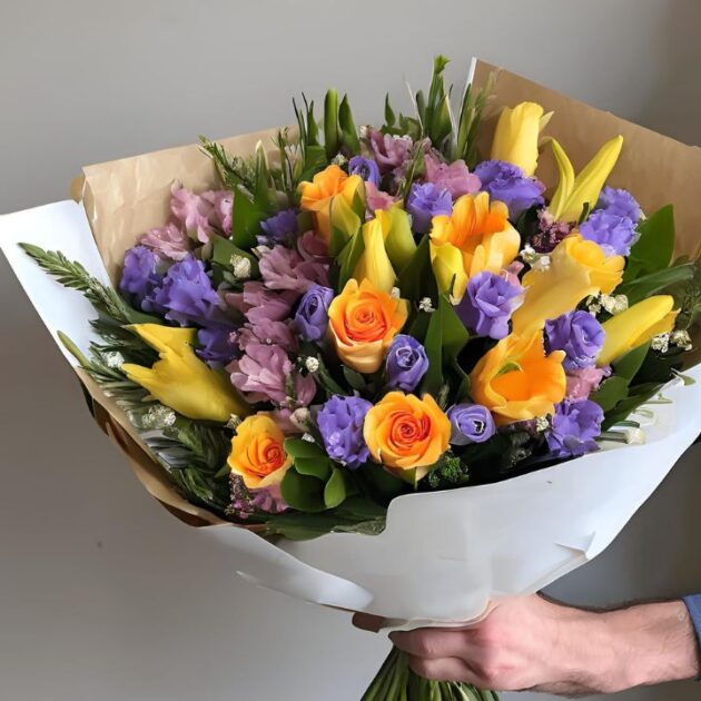 Roses, Tulips Mixed Flower Bouquet 3 Hand Tied Spring Flower Bouquet for Mother’s Day – Vibrant Blooms in a Beautiful Handcrafted Arrangement
