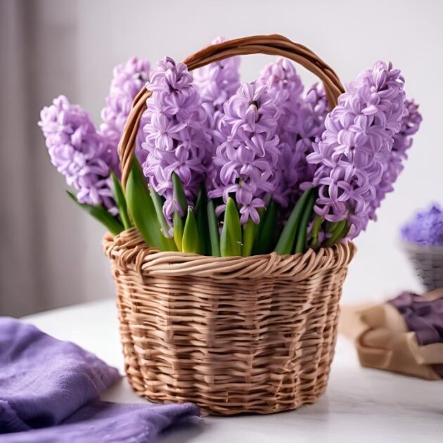 Lilac Hyacinth flowers in Basket 3 Lilac Hyacinth flowers in Basket for Mother's Day - Fresh, Fragrant Floral Gift for Moms
